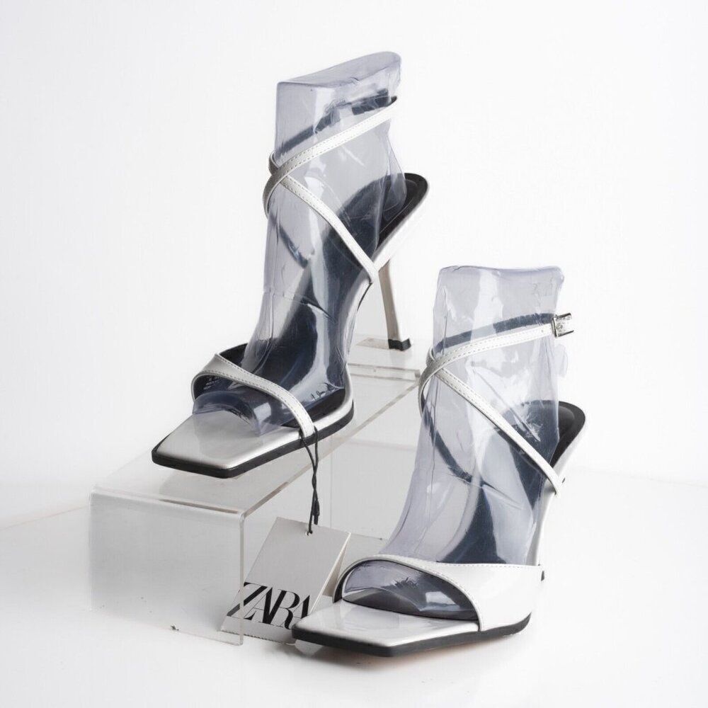 Zara Womens White Faux Leather Sandals Heels asymmetric strap US 7.5 EU 38 NWT